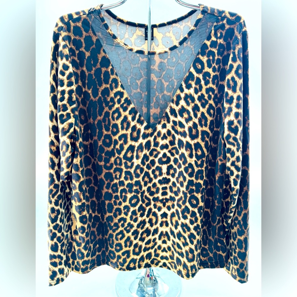 Shein Curve Top Leopard Print Plus Size 2XL Blouse Stretch Animal Long Sleeve